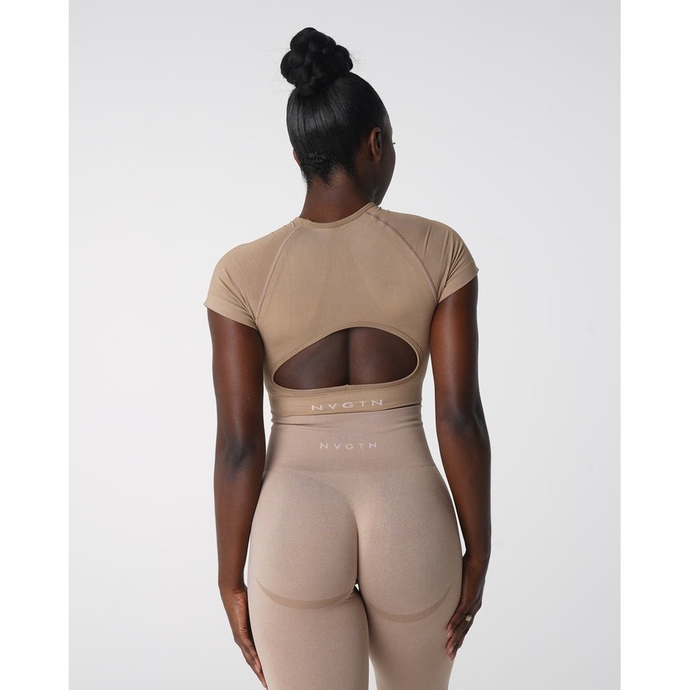NVGTN Beige Vortex Seamless Bra Top Open Back Crop Activewear Size Medium